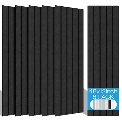 BUBOS 6 Pack Large Acoustic Panels,48x12Inch SoundProof Panels for Walls,Self Adhesive Acoustic Wall Panels,Decorative Sound Panels for Home Studio Office (Black)