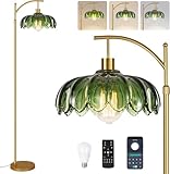 HTTDZM Glass Floor Lamp for Living Room,Bedroom,Mid Century Modern Standing Lamp with Remote,Dimmable Gold Tall Lamp Green Vintage Retro Arc Flower Floor Light Boho Bohemian