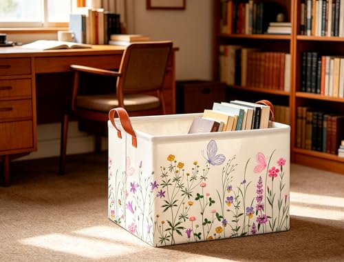 Image of CLOCOR Rectangular Storage Basket Empty,Gift Basket,Waterproof Storage Bin with Handles,Room Decor(Flower)