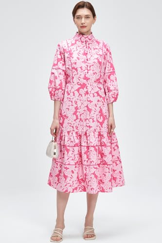 Image of D-Sun Women Floral Maxi Dress Elegant Printed Button Down 3 /4 Puff Sleeve Tiered A-Line Flowy Party Long Dress with Pocket