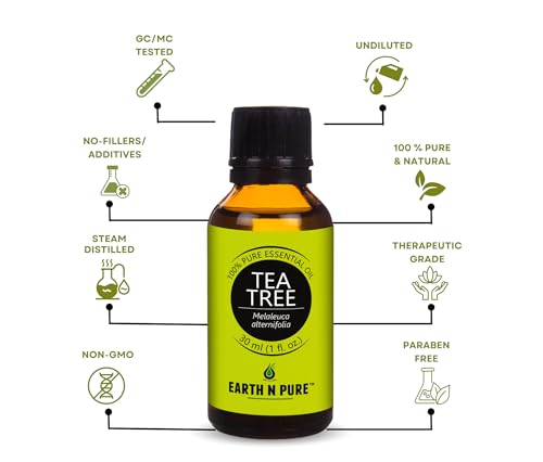 Image of Earth N Pure Tea Tree Essential Oil | 100% Pure Natural Therapeutic Grade | Steam Distilled Melaleuca Alternifolia Oil | For Diffuser, Aromatherapy, Hair Care, Skin Care & DIY | 30ml
