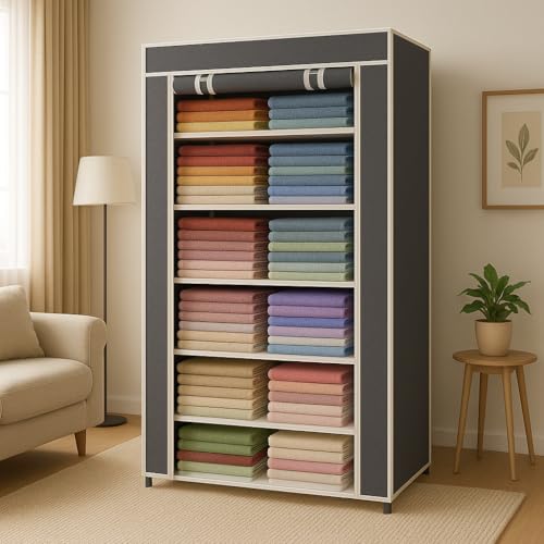 Image of BONTEC Collapsible Wardrobe 6 Shelves Storage Clothes Storage Rack Quick Wardrobe /Cabinet /Multipurpose Storage Rack, Foldable, Collapsible Fabric Organizer Cupboard for Bedroom (Grey, 6 Layer)