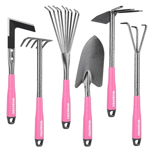 WORKPRO 6-Piece Pink Garden Tool Set Heavy Duty Gardening Hand Tools with Soft Rubber Handle Including Trowel Rakes 2-in-1 Hoe and Crack Weeder Ideal Gardening Gifts for Men and Women