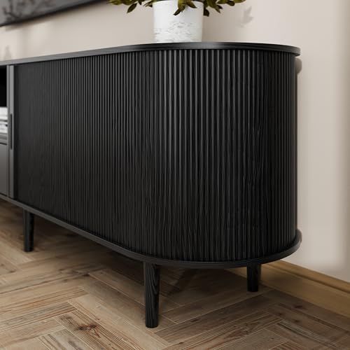 Image of DHH 86.6 inch Fluted TV Stand with Power Outlet for TVs up to 90 inch, TV Console with Adjustable Shelves and Sliding Door,Mid Century Modern Entertainment Center for Living Room,Bedroom (Black)