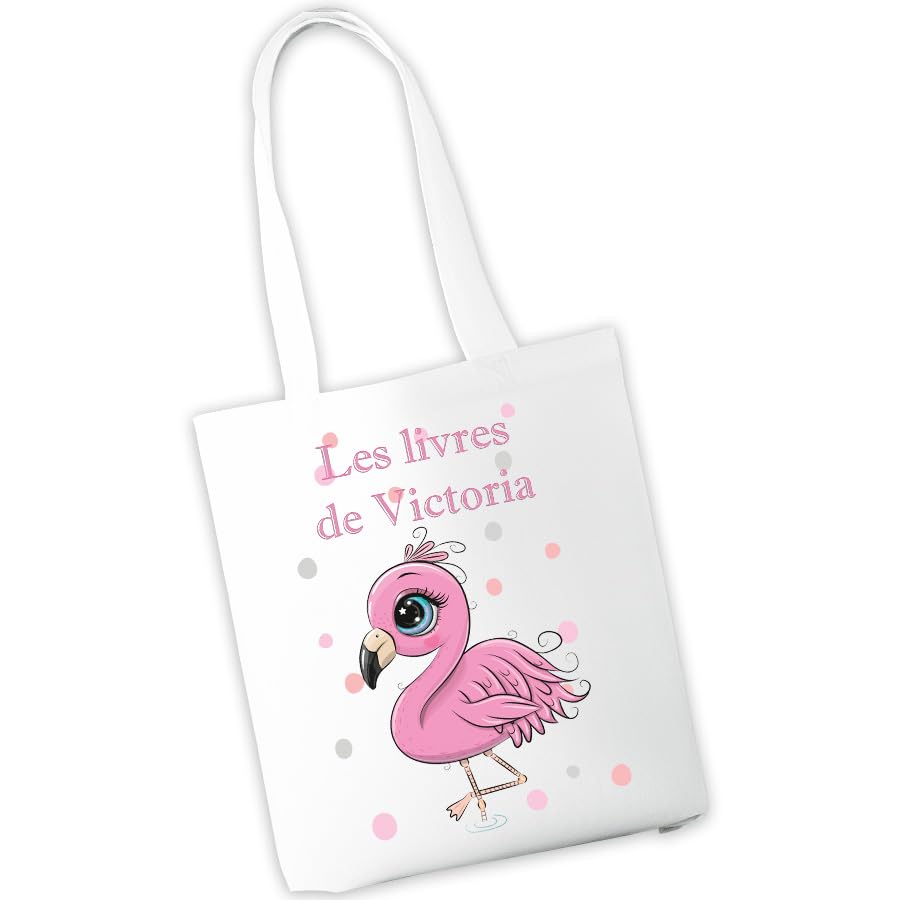 Sac à cahiers personnalisé - Sac de transport pour cahiers et livres d'école ou de bibliothèque - Prénom et motif au choix - Cadeau rentrée scolaire, maternelle, crèche, école (Flamant rose)
