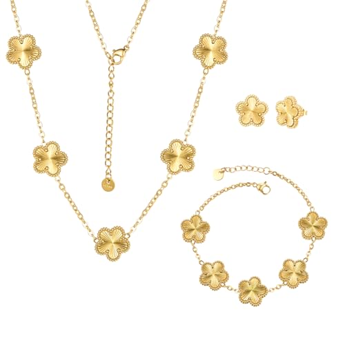 Clover Neckalce Bracelet Earring Set for Women 14K Gold Plated Stainless Steel Four Leaf Clover Jewelry Set