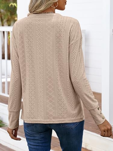 ANRABESS Womens Eyelet Tops Long Sleeve Henley Shirts Business Dressy Casual Blouse Vacation T-Shirt 2025 Fall Outfits