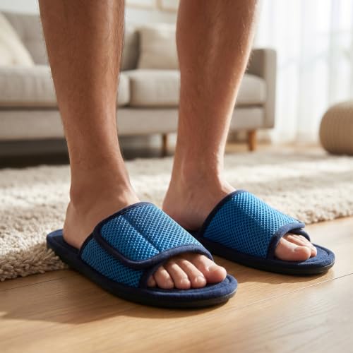 Image of Men's Adjustable House Slippers, Mesh Open Toe Breathable Indoor Slip on | Upgrade Memory Foam, Breathable Mesh Upper, Machine Washable, Moisture-Wicking Lining