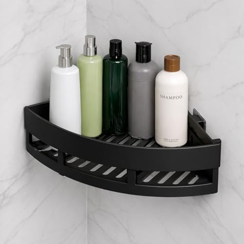 Image of Corner Bathroom Shelf Wall Mounted, Space Saving Storage Rack, Rustproof Organizer Stand for Toiletries Kitchen Accessories, Heavy Duty No Drill Corner Shelf for Bathroom Wall Use (Black, 1 Pack)