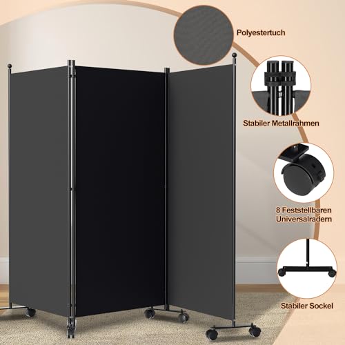 Izrielar Paravent Raumteiler auf Rollen, 3 Teilig 263 x 181cm Raumteiler Freistehend Trennwand Paravent,blickdichter, Sichtschutz Room Divider Innen für Zuhause Büro Terrasse|Anthrazit