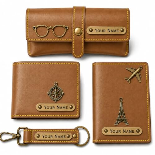 Image of Travel Gift Set for Men | Personalized Wallet, Passport Holder, Sunglass Cover & Keychain | Custom Name Gift