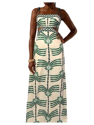 Image of SOLY HUX Women's Summer Maxi Dress Boho Print Tie Shoulder Spaghetti Strap Cut Out Tie Back Cami Dresses Sundress