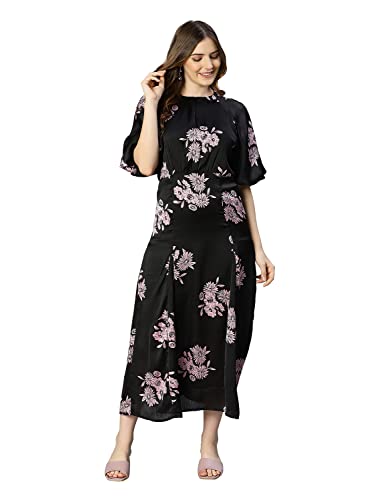 Image of oxolloxo Women Polyester Flared Puff Sleeves Floral Casual Dress