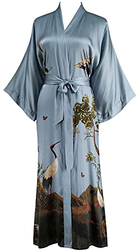 Ledamon Robe longue Kimono 100% soie pour femme - Couleurs et imprimés classiques, Bleu et gris., Taille unique