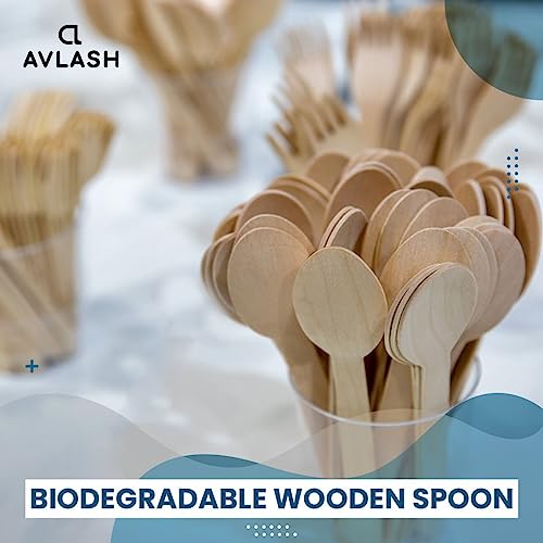 Avlash® [ Pack of 100 ] Disposable Wooden Spoons, Biodegradable Wooden Spoon - 16cm Long | Eco Friendly & Plastic Free Wooden Spoons - Ideal for Wedding, Picnic, Party, Office (Spoons)