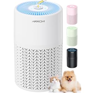 AIRROMI Pets Air Purifier for Home Allergies,Up to 660 ft².Yellow Deodorizing Activated Carbon Filter,With Fragrance Sponge for Better Sleep,Night Light,Pet Dander,Smoke,Odors,Air Cleaner A2002 White