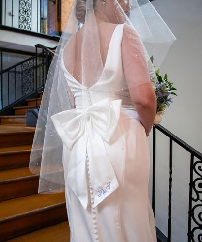 Detachable Bride Bow with Embroidered Name, Pin-On Satin Bow for Wedding Dress, Bachelorette Bikini, Bridal Shower Outfit, Custom Bridal Accessory2