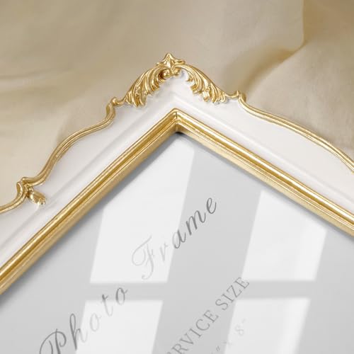 Vintage Picture Frame 5x7 Gold Frames, Ornate White and Gold Textured Hand-Crafted Resin Frame with Glass Front, 5 by 7 Antique Photo Frames for Tabletop Display