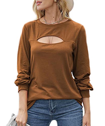 KUFV Women's Long Sleeve Round Neck Sexy Cut Out Blouse Lantern Sleeve Solid Casual Loose T-shirt Tops (L, Brown)