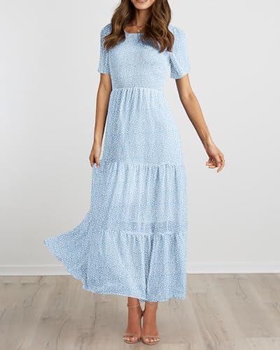 Image of BTFBM Women Casual Short Sleeve Crew Neck Summer Dress Bohemian Floral Printed Flowy Maxi Dresses Tiered Cocktail Dress