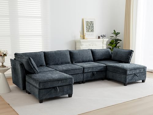 Image of ORRD Oversize Modular Sectional Sofa Set, Convertible U Shaped Couch with Storage, 6 Seater Sofa Modular with Ottomans and Reversible Chaise for Living Room, Office (Blue Grey)