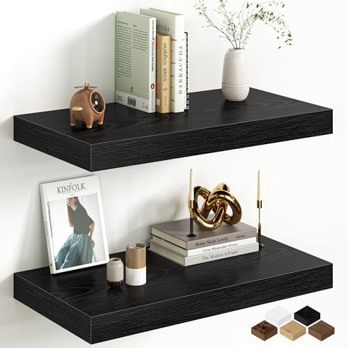 Image of Fun Memories 12 Inch Deep Black Floating Shelf, 24 x 12 Rustic Wood Wall Shelf for Books, 2 inch Thick Deep Floating Shelf for Storage & Display in Kitchen, Living Room, Bedroom, 2 Packs