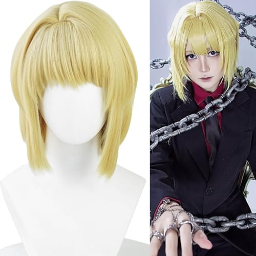 Image of Half and Half Short Straight Blonde Hunter Wig with Bangs Anime Blonde Chain Killer Costume Wigs Synthetic Fiber Hair for Halloween Party