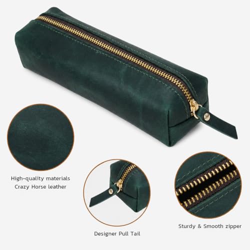 Image of ECHSRT Small Genuine Leather Pencil Pouch for Adults, Green | Crazy Horse Leather Finish, Compact Writing Instrument Storage