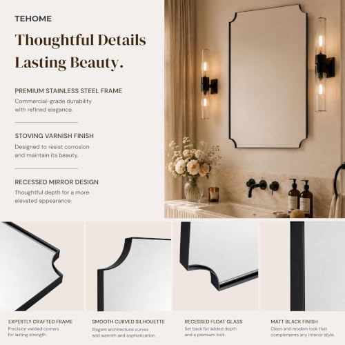 Image of TEHOME 24x36'' Black Vanity Mirror for Bathroom, Matt Black Scalloped Framed Bathroom Vanity Mirror