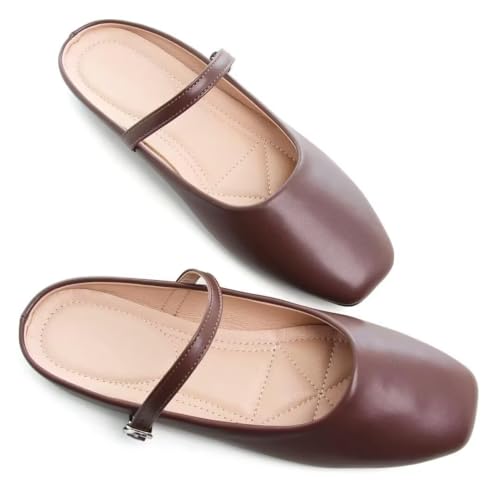 TN TANGNEST Women's Fashion Mary Jane Shoes Mules for Retro One Line Strap Flats Cute Square Toe Backless Flat Mule Brown 42(8.5)3