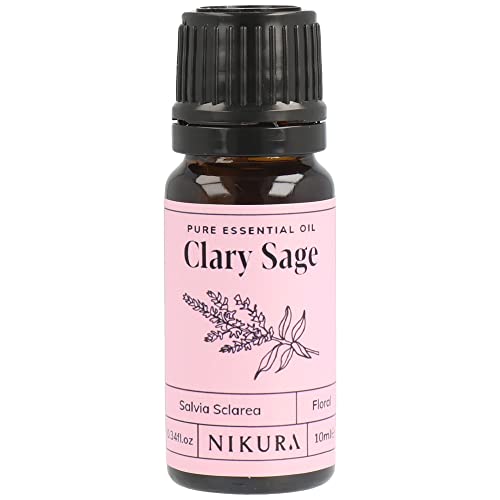 Nikura Clary Sage Essential Oil - 10ml | 100% Pure Natural Oils | Perfect for Aromatherapy Diffusers Humidifier Bath | Great for Self Care Stress Relief Calming | Vegan & UK Made