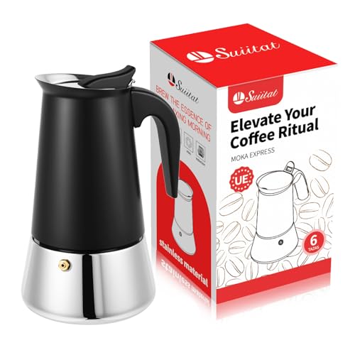 Image of Moka Pot, 6 Cups (10.6 oz) Stovetop Espresso Maker, 304 Stainless Steel Moka Pot, Induction Compatible, Black