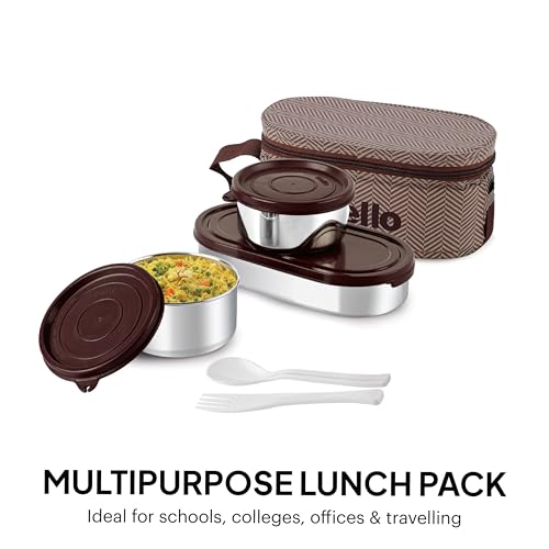 Image of CELLO Bite Buddy Deluxe Set of 3 Pcs Stainless Steel Lunch Box with Bag for Daily Office Use Brown | 2x300ml Round Steel Container, 1x500ml Oval Container, Fork & Spoon Spillproof Airtight Tiffin Box