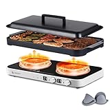 AMZCHEF Double Induction Cooktop with Removable Griddle Pan Non-stick, 1800W 2 burner Portable Induction Stove With Sensor Touch 9 Power Levels, 99 Min Timer, White