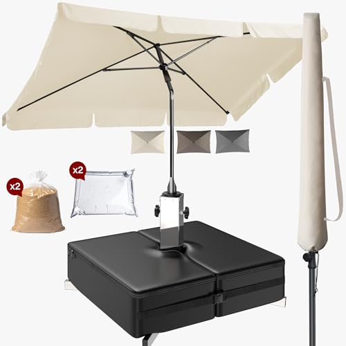 4smile Sonnenschutz Balkon Set 3-teilig, Beige - Sonnenschirm rechteckig 200x125cm + Sonnenschirmständer + Schirmhülle - Sonnenschirm Balkon mit Ständer, Balkonschirm knickbar höhenverstellbar