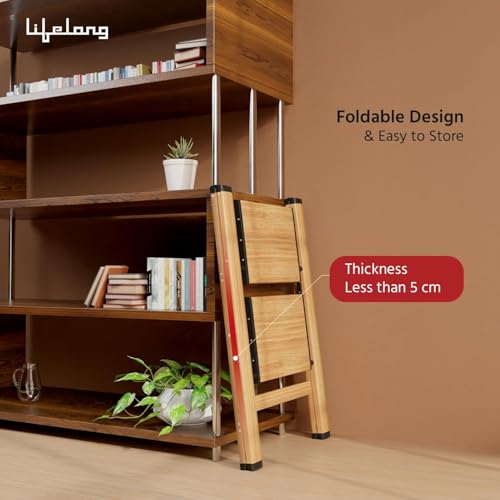 Image of Lifelong 2 Steps Ladder for Home, Wooden Finish Coating, Foldable & Portable Stairs, Versatile Use for Kitchen, Bathroom & Office Foot Stool -Multipurpose Two Step Stool with 150 Kg Capacity (LLSLW02)