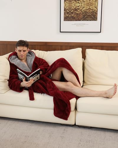 Men's Soft Fleece Plush Robe with Hood Super Warm Luxury Winter Full Length Long Soft Bathrobe4