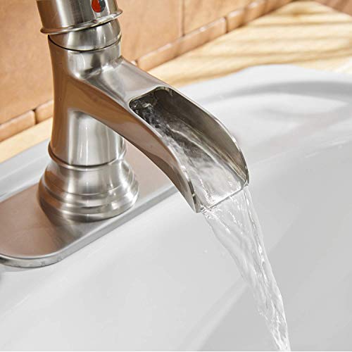BWE Waterfall Brushed Nickel Bathroom Sink Faucet Single Handle One Hole Deck Mount Lavatory Commercial