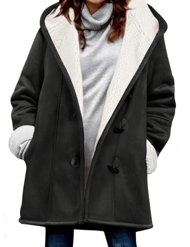 Yuson Girl Winterjacke Damen Lang Wintermantel Wildleder Fleecejacke Lose Winterparka Winter Warm Cardigan Outwear Einfarbig Kapuzenjacke mit Kapuze und Seitentaschen(Schwarz,...