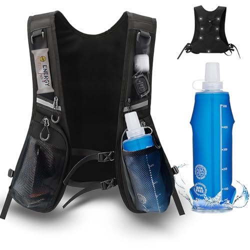 OUYULAI Chaleco de hidratación para correr, chaleco de hidratación ligero, con una botella de agua de 500 ml, mochila reflectante para correr con múltiples bolsillos y correa ajustable adecuada para