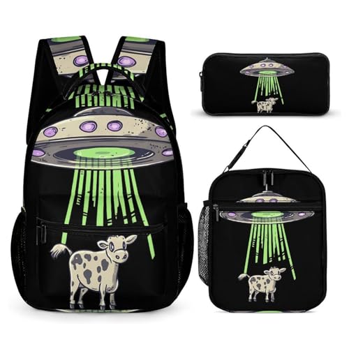 Printed Spaceships And Cows Backpack Shoulder Bags Lunch Bag Pencil Case Box 3 Set Daypack Cute