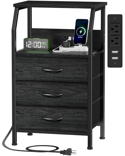 Furnulem Night Stand with Charging Station, 28.3 Inch Tall Side Table with Fabric Drawers and Storage Shelf, Bedside Table with USB Ports & Outlets, Nightstand for Bedroom, 3 Ways to Use, Black Oak