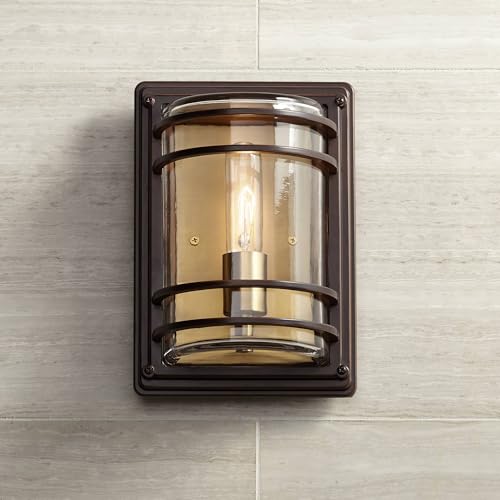 Image of John Timberland Habitat Industrial Rustic Wall Light Sconce Bronze Warm Brass Hardwired 7 1 /2 inch Fixture Clear Glass Shade for Bedroom Bathroom Vanity Reading Living Room Hallway House Home Decor