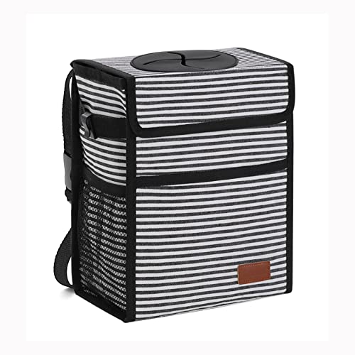 Image of Femuar Car Trash Can with Lid - Leak Proof, Waterproof, Multipurpose Car Hanging for Headrest, Collapsible, Portable with Storage Mesh Pocket, Stripe