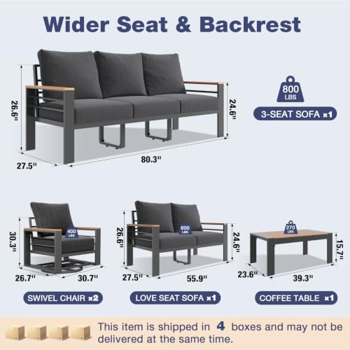 Image of Aoxun Aluminum Patio Furniture Set 7 Seats with Rocking Chair, Oversized Outdoor Sectional with Washable Thick Cushions, Coffee Table, Patio Conversation Sets for Porch, Balcony, Deck,Dark Gray
