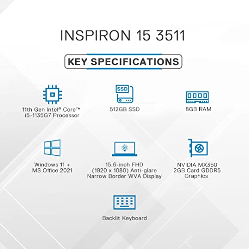 Image of Dell Inspiron 3511 Laptop, Intel Core I5-1135G7, 16Gb, 512Gb SSD, Win 11 & MSO'21, Nvidia Mx350 2Gb Graphics, 15.6 inch (39.62 Cms) FHD Display, Platinum Silver Color, Backlit Kb (D560661WIN9S, 1.8Kgs)