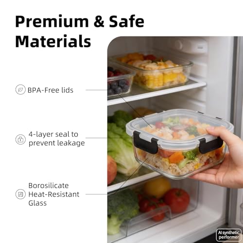 Image of Konokyo Square Glass Food Storage Containers with Lids, Meal Prep, 12 Pack