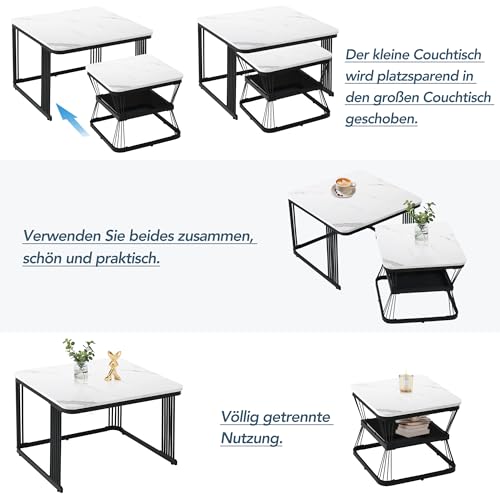 Merax Quadratisch Couchtisch 2er Set, Moderne Wohnzimmertisch mit Marmoroptik, Hochglänzend Satztisch mit Stauraum, für Wohnzimmer, Balkon und Büro, Metallgestell, Weiß und Schwarz – Bild 7