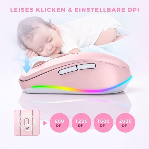 seenda Maus Kabellose mit Jiggler, Leise, Wiederaufladbare, Rosa – Ansicht 5