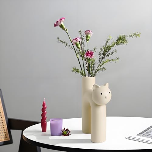 GeLive Cat Ceramic Vase Kitty Bud Vase Waterproof Flower Vase Plant Holder, Handmade Artistic Table Centerpieces Home Decor for Cat Lovers, Unique Gift Idea (Cream White)